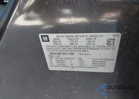 2016 Chevrolet Equinox Lt z USA, uszkodzony, nr VIN 2GNALCEK1G6111687